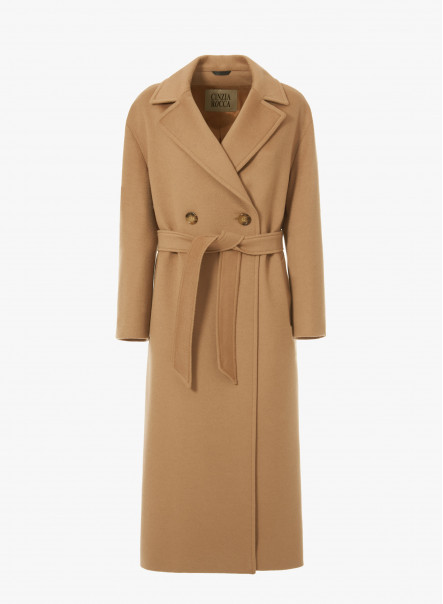 Cappotto cammello doppiopetto con cintura in lana