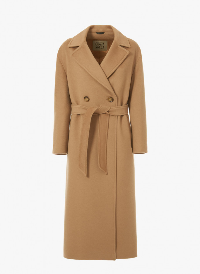 Cappotto cammello doppiopetto con cintura in lana