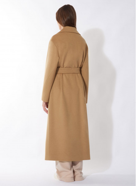 Cappotto cammello doppiopetto con cintura in lana