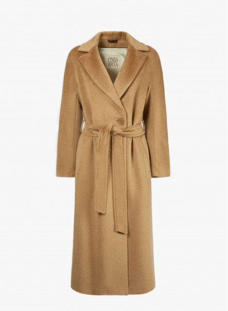 Cappotto lungo a vestaglia cammello con cintura in alpaca e lana