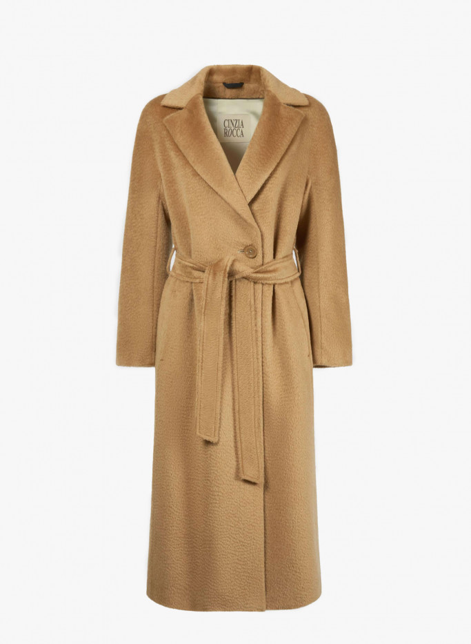 Cappotto lungo a vestaglia cammello con cintura in alpaca e lana