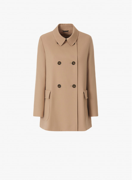 Giacca doppiopetto beige in lana con collo a camicia