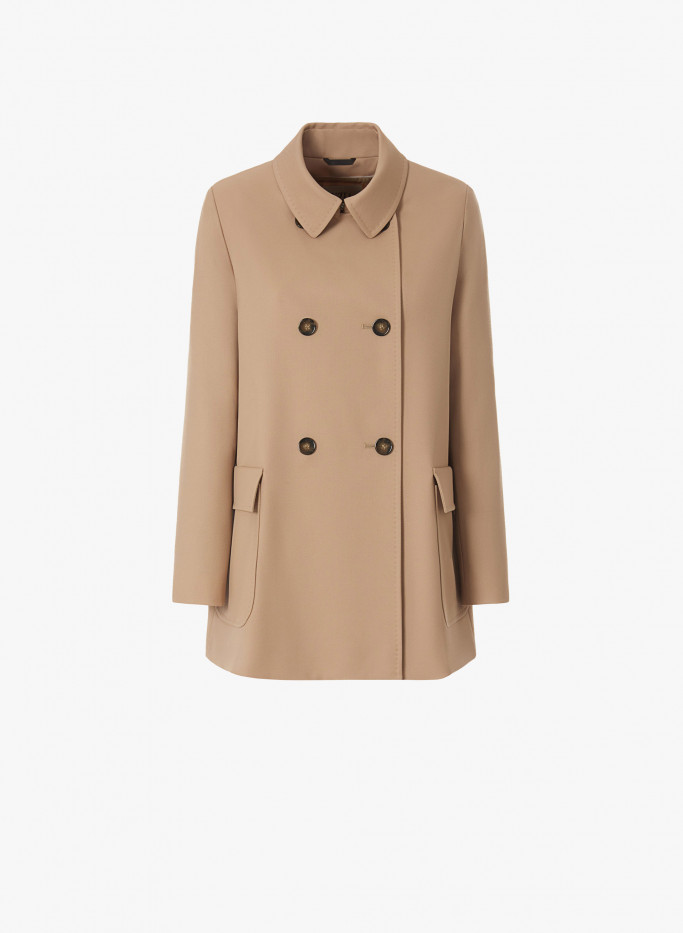 Giacca doppiopetto beige in lana con collo a camicia