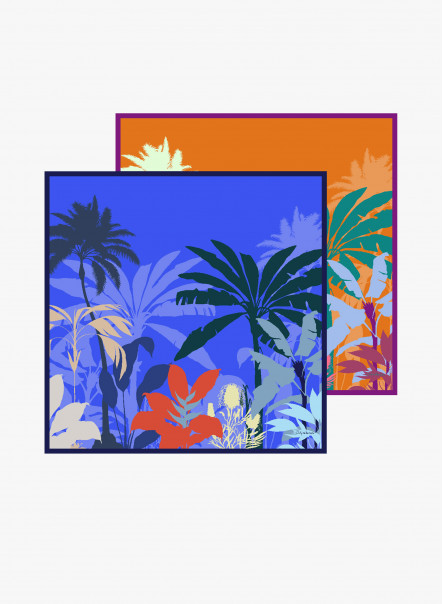 Foulard doppio in twill di seta con disegno tropicale blu