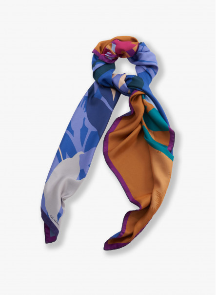 Foulard doppio in twill di seta con disegno tropicale blu