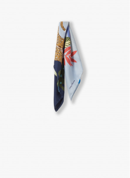 Foulard in twill di seta con giaguaro stilizzato blu