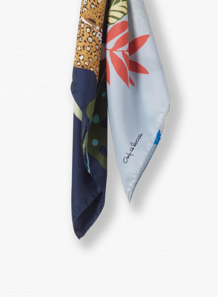 Foulard in twill di seta con giaguaro stilizzato blu