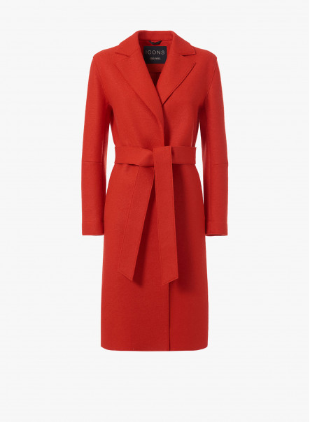 Cappotto con cintura in lana cotta color corallo