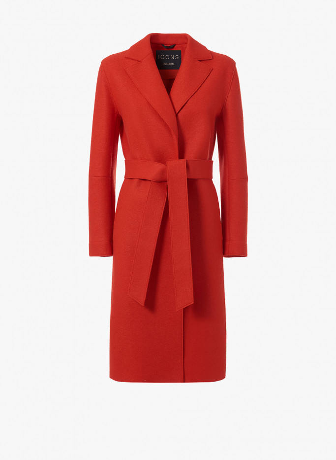 Cappotto con cintura in lana cotta color corallo