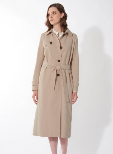 Maxi trench monopetto beige in nylon tecnico antigoccia